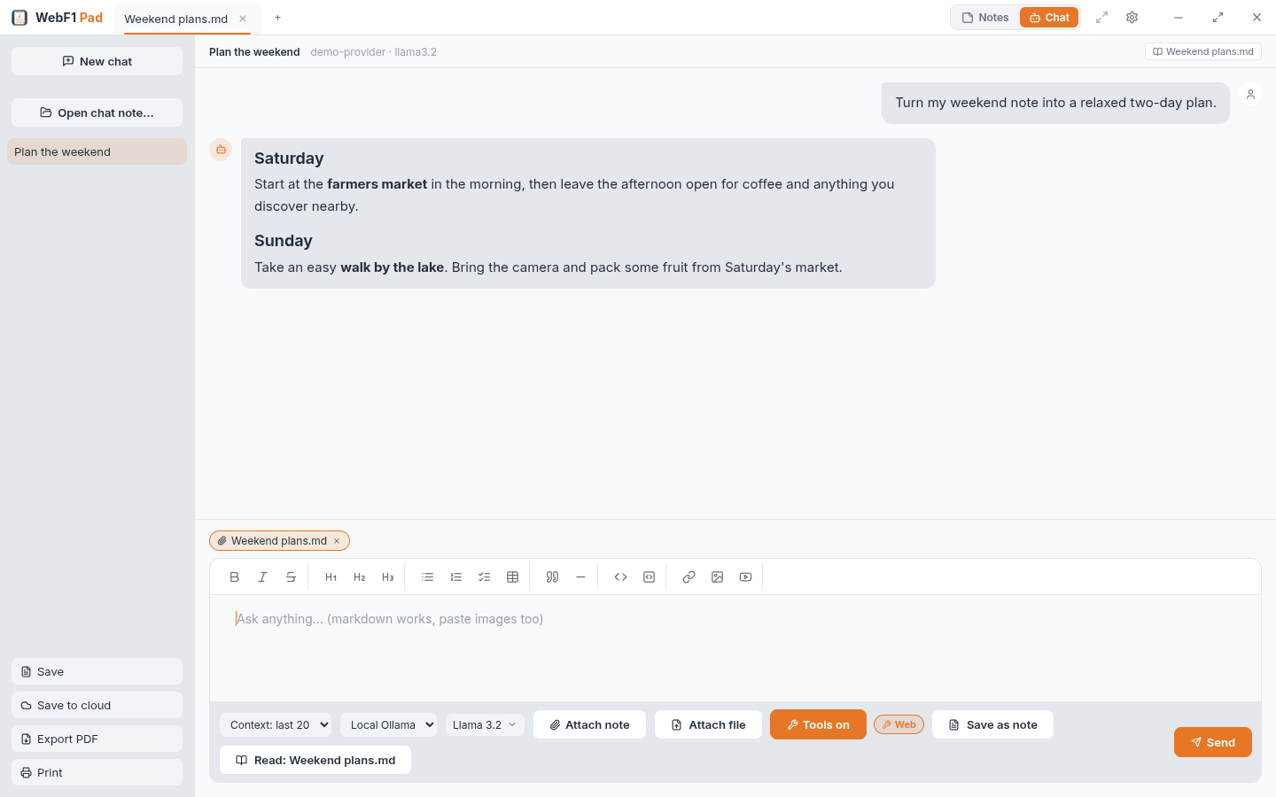 WebF1 Pad showing ai chat beside your notes