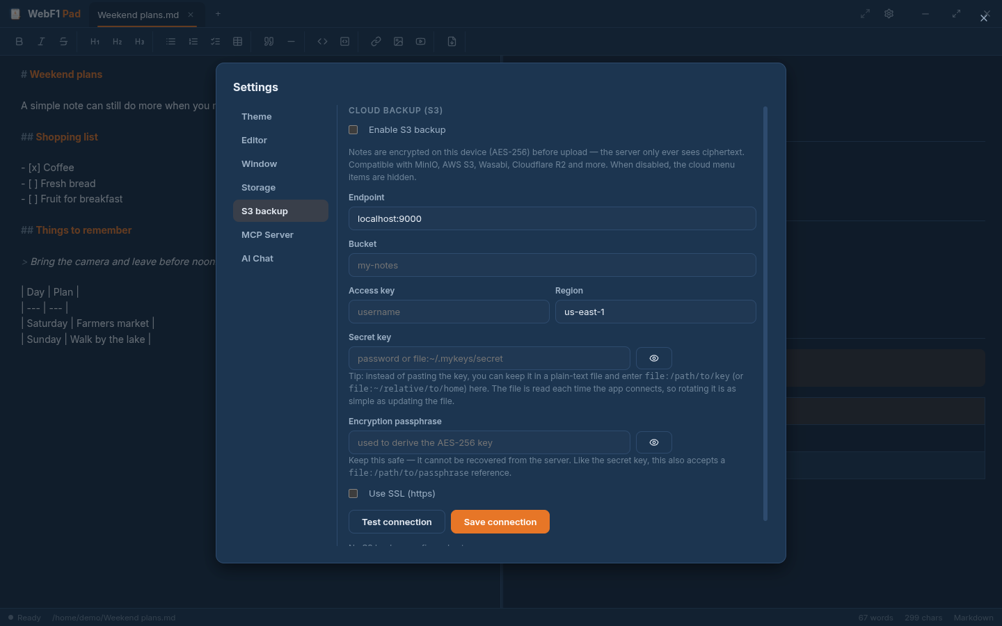 WebF1 Pad showing encrypted backup to storage you control