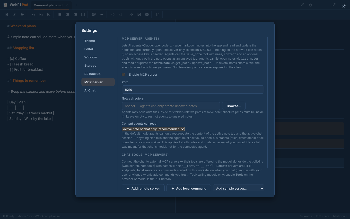 WebF1 Pad showing compatible ai assistants can help with open notes